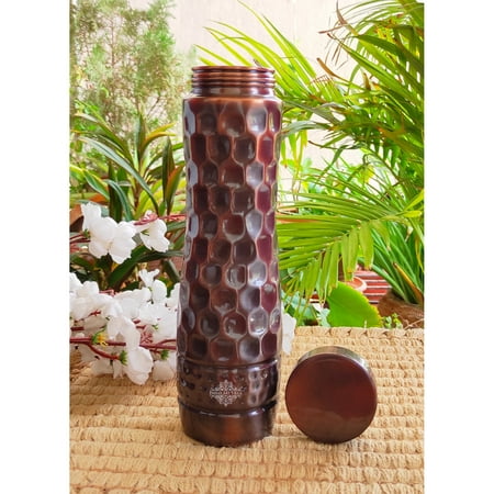 

Indian Art Villa Copper Bottle With Antique Dark Finish And Honeycomb Design With Hammered Strip Volume- 34 Oz