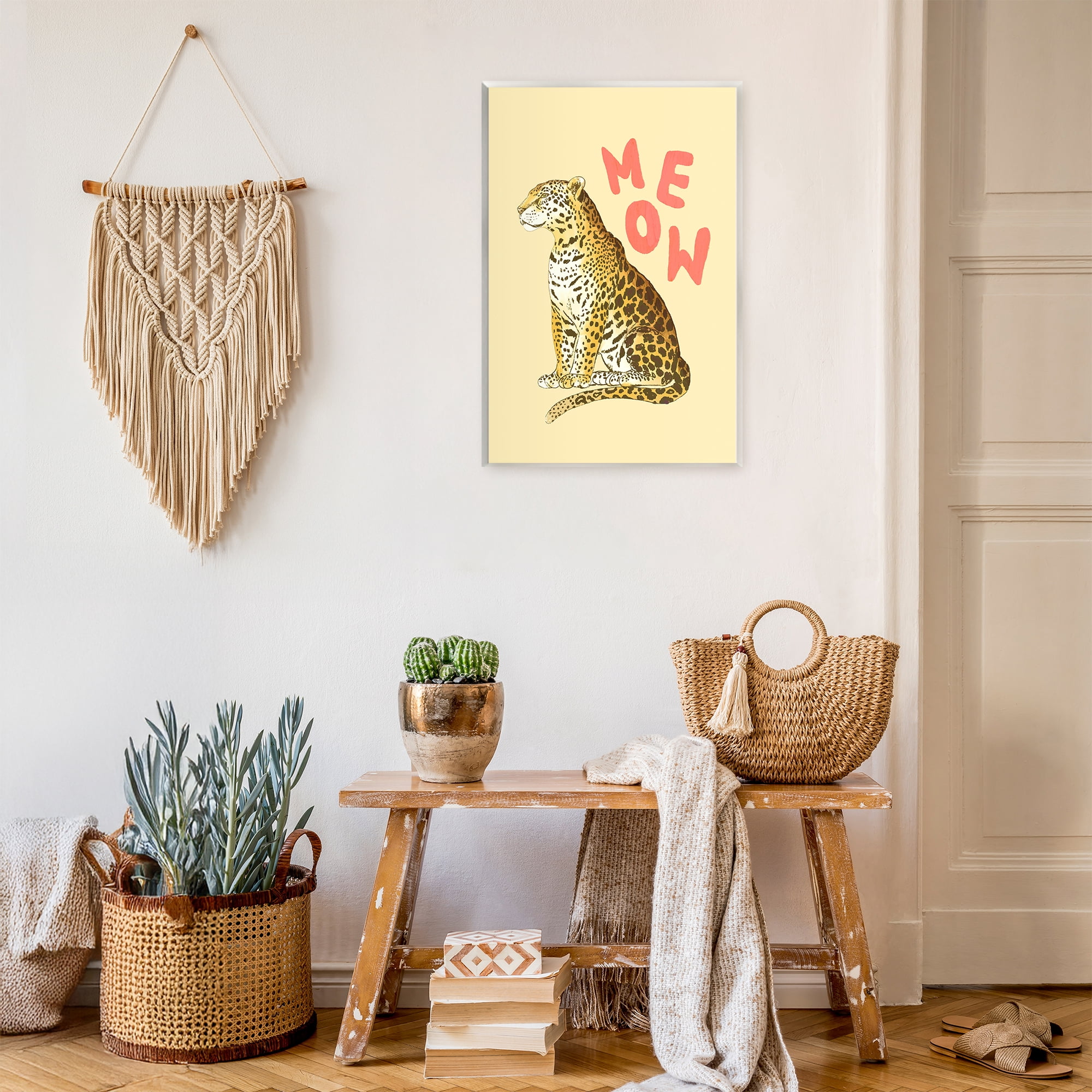 Stupell Industries Meow Leopard on Yellow Wall Plaque Art, design by Florentina Dolci