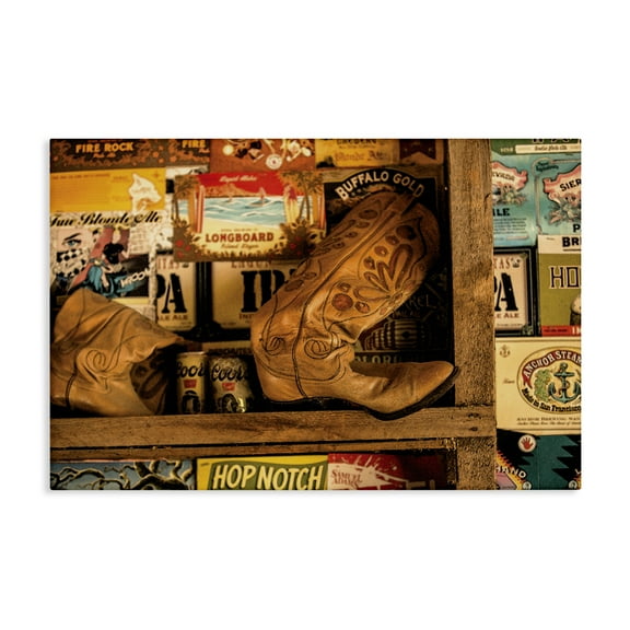 Stupell Industries Western Boots on Shelf Beauty & Fashion Painting Gallery Wrapped Canvas Art Print Wall Art, 24 x 16