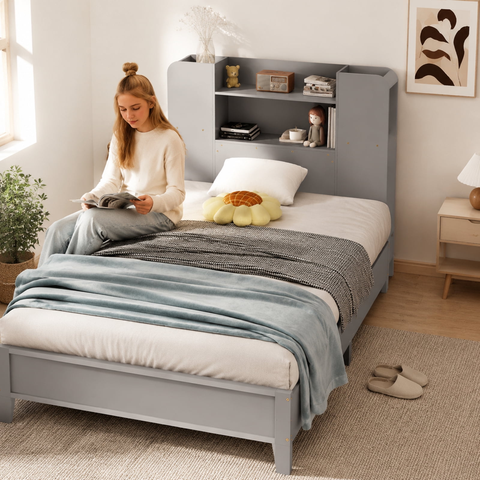 Furnibear Twin Platform Bed Frame with Built in Bookcase Headboard 2 Tier Shelf 6 Open Compartments Solid Wood Slats and No Box Spring Needed, Gray