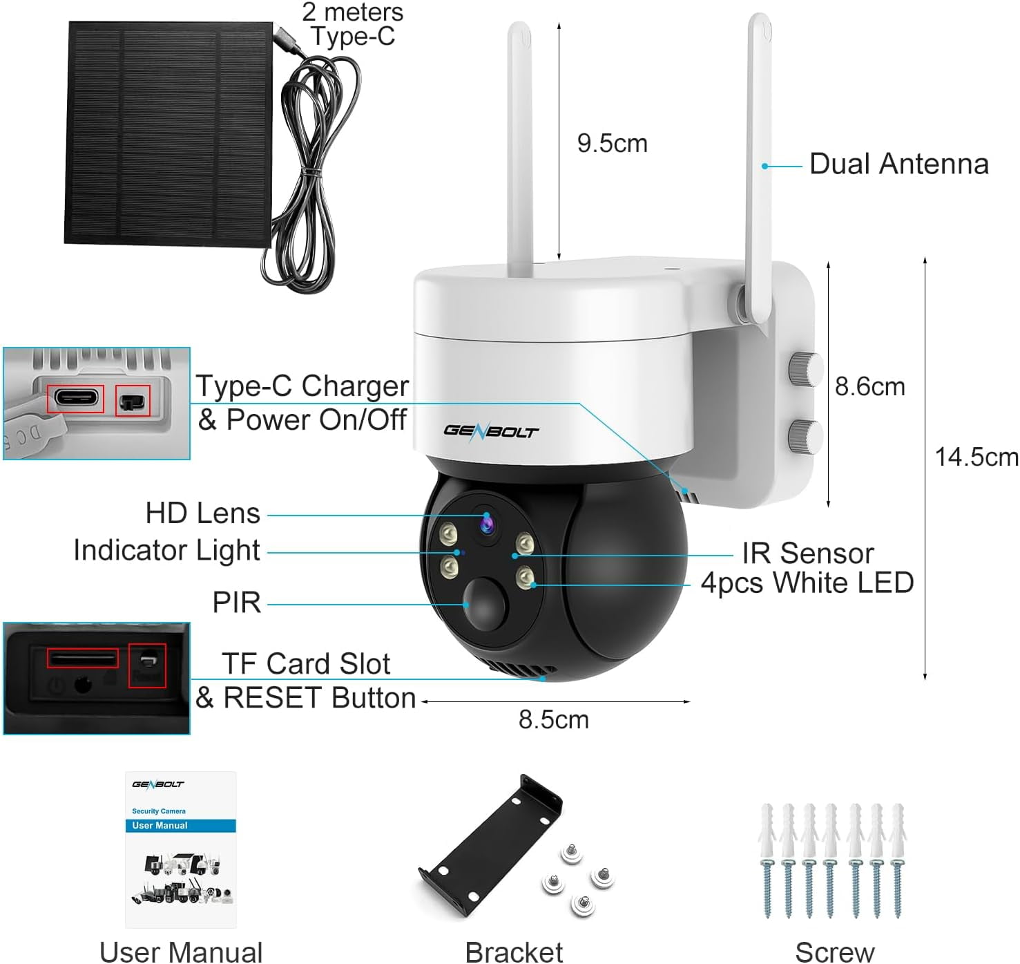 GENBOLT 2K Solar Security Camera Outdoor Wireless, WiFi Home Surveillance CCTV Camera Systems, Battery Powered PTZ IP Camera with PIR Detection, Color Night Vision, Two Way Audio