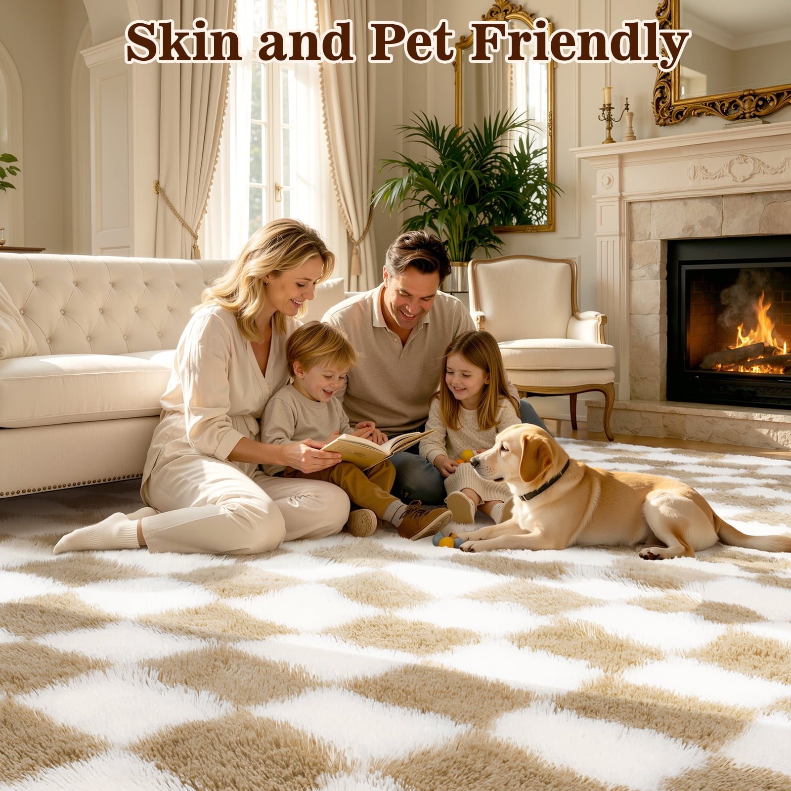 ZRSDIXK 8'x10' Area Rugs for Living Room, Large Shag Fluffy Rug Checkered Carpet, Beige & White