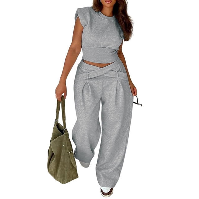 Conjuntos de 2 Piezas para Mujer,Conjuntos de Estar por Casa,Camisetas Sin Mangas con Mangas ,Pantalones de Pierna ,Conjuntos de Chándal,Conjuntos A Juego. Gris Plata L