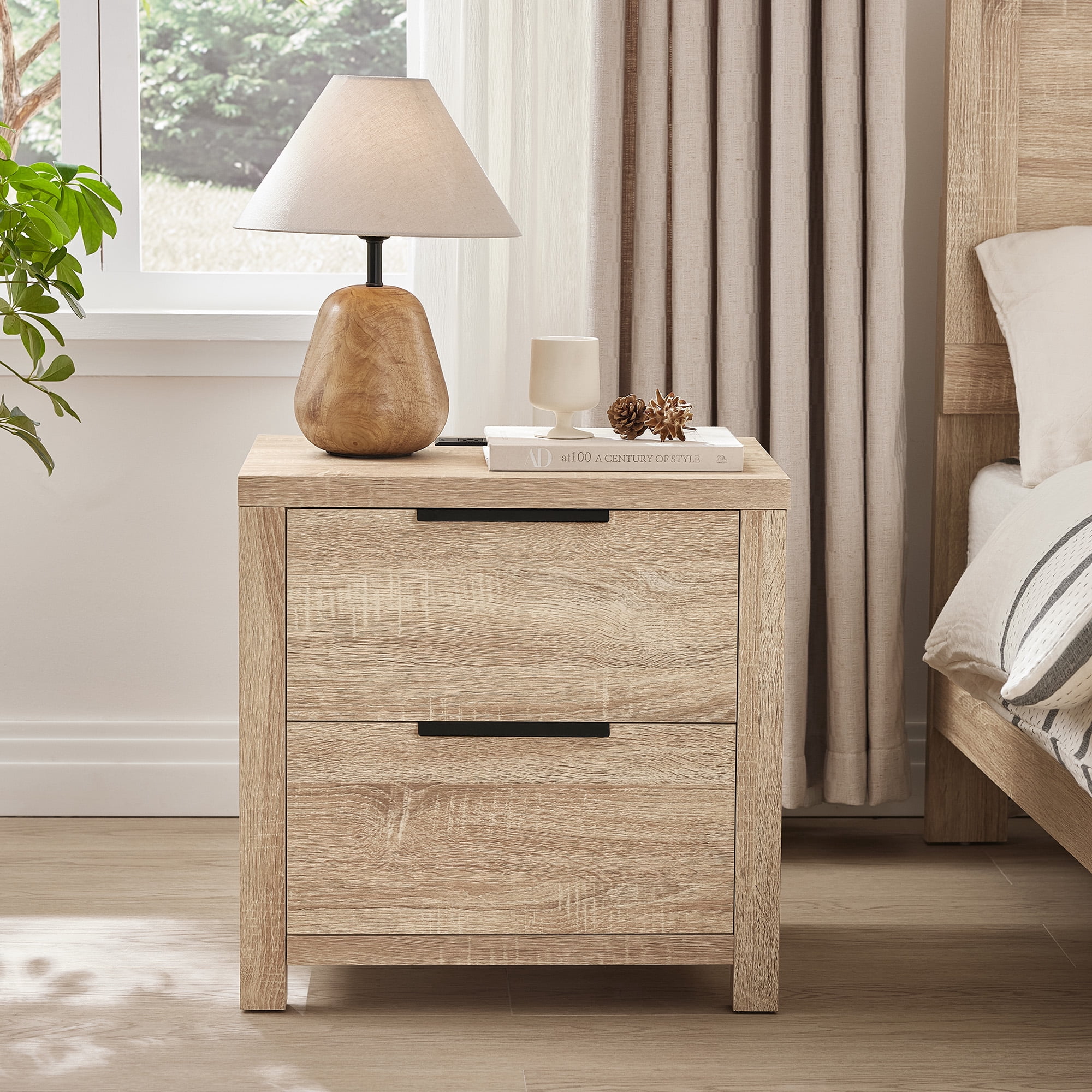 Spruce & Spring Farmhouse Nightstand with 2 Drawers, USB & Type-C Port and Power Outlets