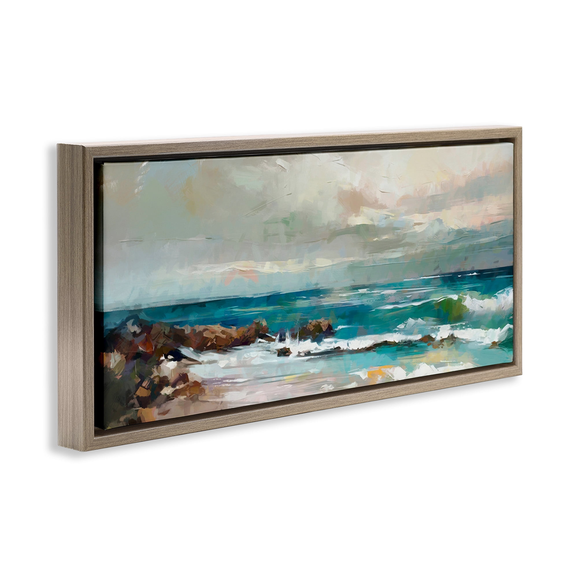 Stupell Industries Rocky Ocean Waves Landscape Painting Brown Floater Framed Canvas Art Print Wall Art, 25 x 11