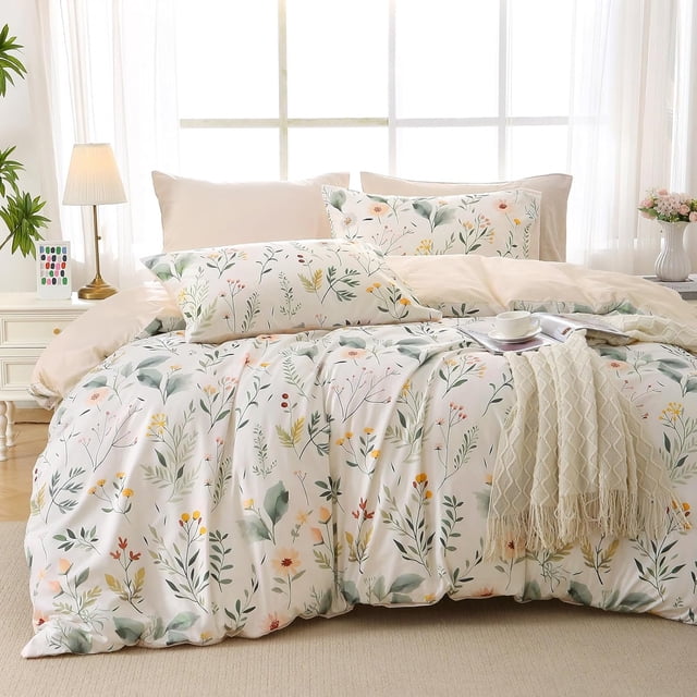 Duvet Cover Queen Size Reversible Floral Duvet Cover Set with Zipper Closure Pieces Botanical Patterns Soft Microfiber Bedding Set (&#;x Pillow Cases &#;×&#