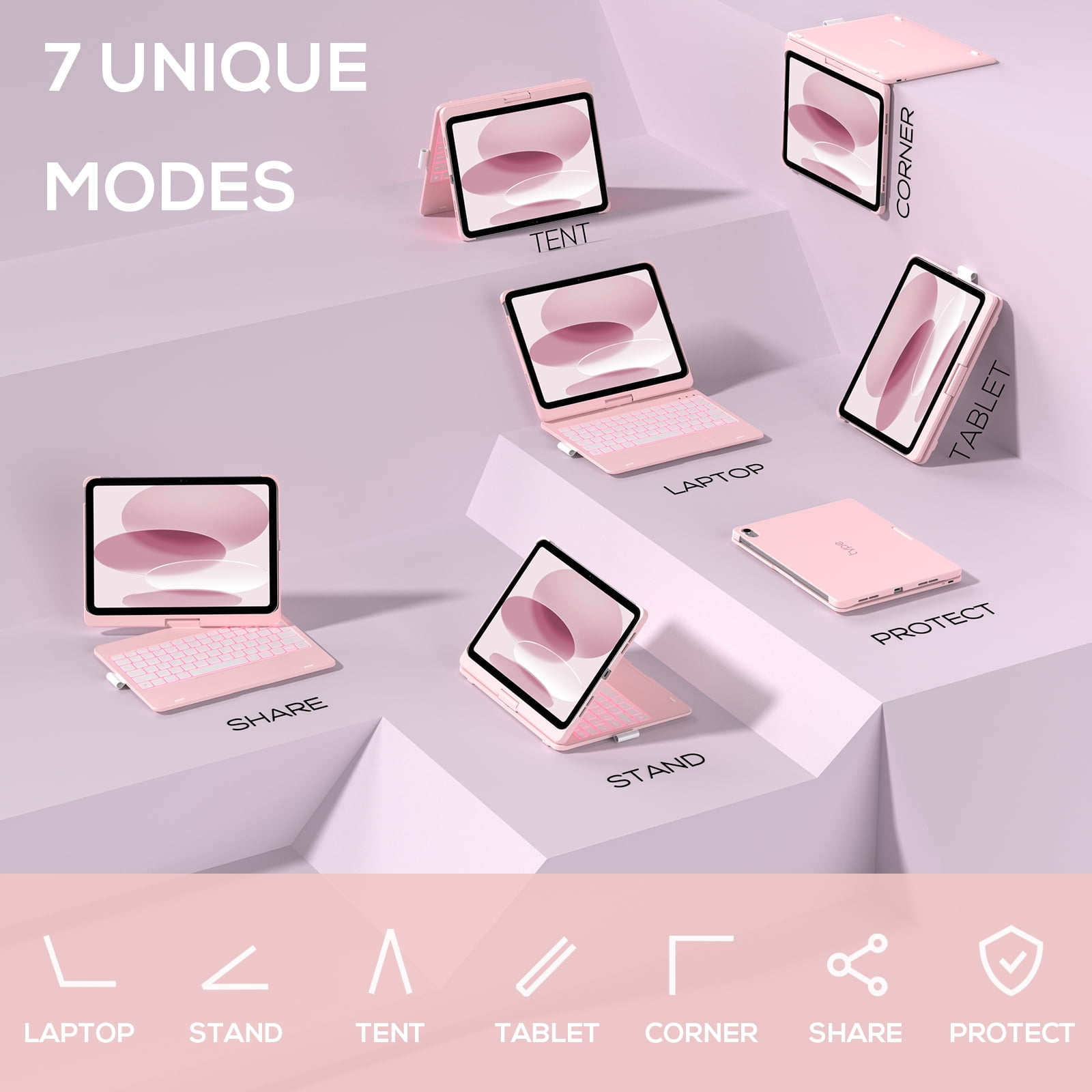 typecase Touch Case with Keyboard for iPad 11th(A16, 2025) & iPad 10th Gen(10.9", 2022), Trackpad, 11 Color Backlight, 360° Rotatable with Pencil Holder - Light Pink
