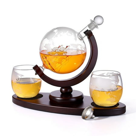 

Whiskey Decanter Gloves 2 Etched Globe Whiskey Glasses & Oval Solid Wood Tray Set