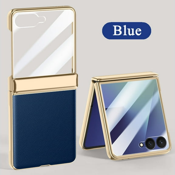 ELEHOLD for Samsung Galaxy Z Flip 7 Case with Built-in Screen Protector Hinge Protection, Slim Fit Plating Leather Non-Slip Shockproof Protective  Cover for Samsung Z Flip 7,Darkblue