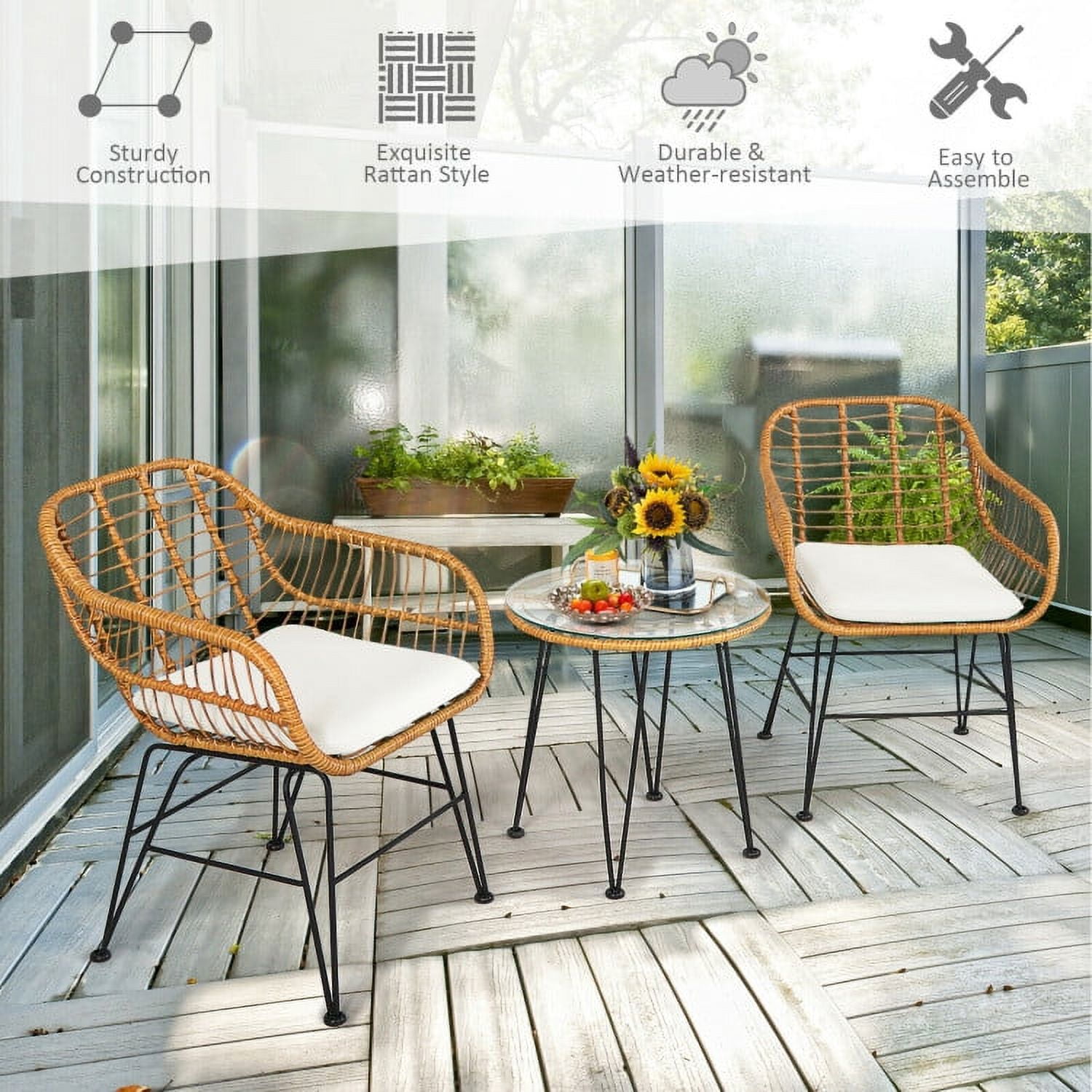 Aimee Lii 3 Pieces Rattan Furniture Set with Cushioned Chair Table, Outdoor Patio Furniture, White Aimee Lii 3 Pieces Rattan Furniture Set with Cushioned Chair Table, Outdoor Patio Furniture, White