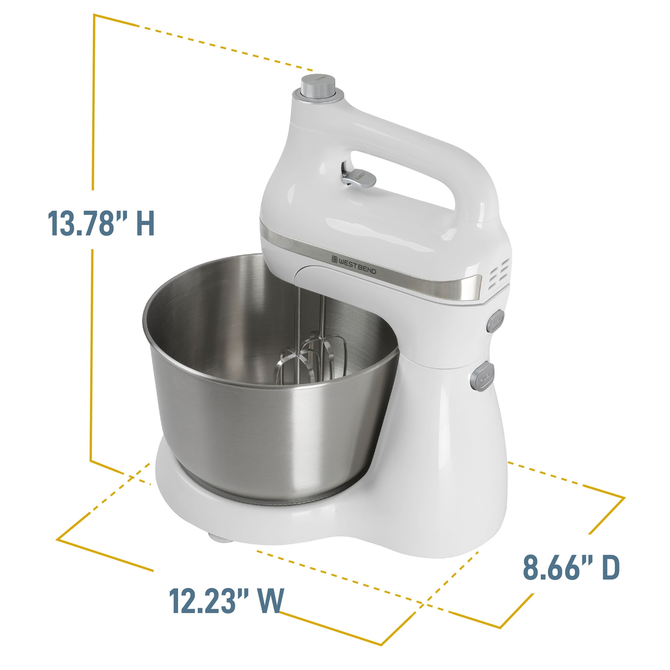 West Bend Two Sweet 2-in-1 Mixer, 4.4 Qt Capacity, Hands-Free Stand or Hand Mixer, 11 Speeds, Stainless Steel Bowl, in White (SMWB2N1WH13)
