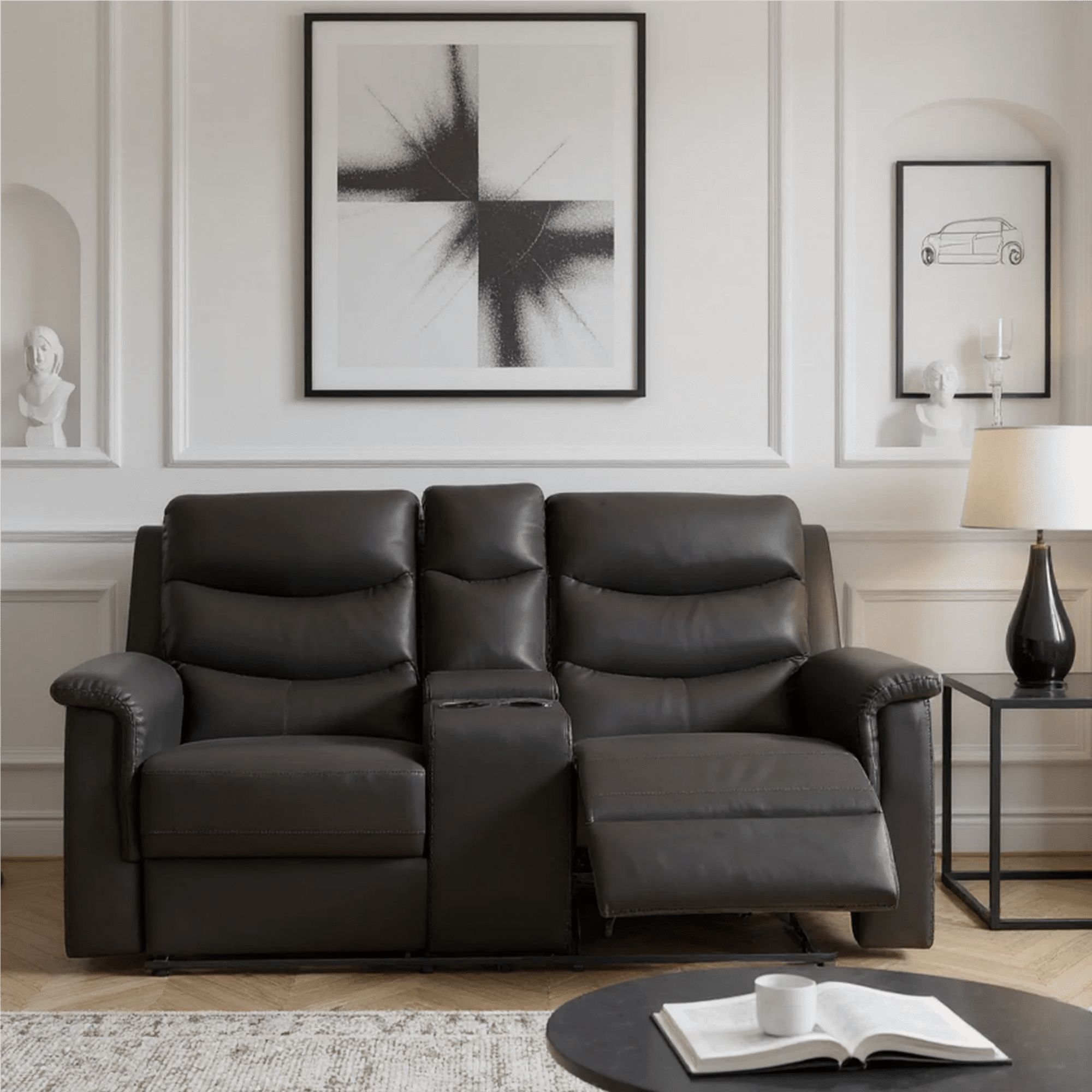 Gewnee 2-Seater Faux Leather Modern Recliner Loveseat Sofa with Cup Holders for Living Room, Apartment, Office Adults