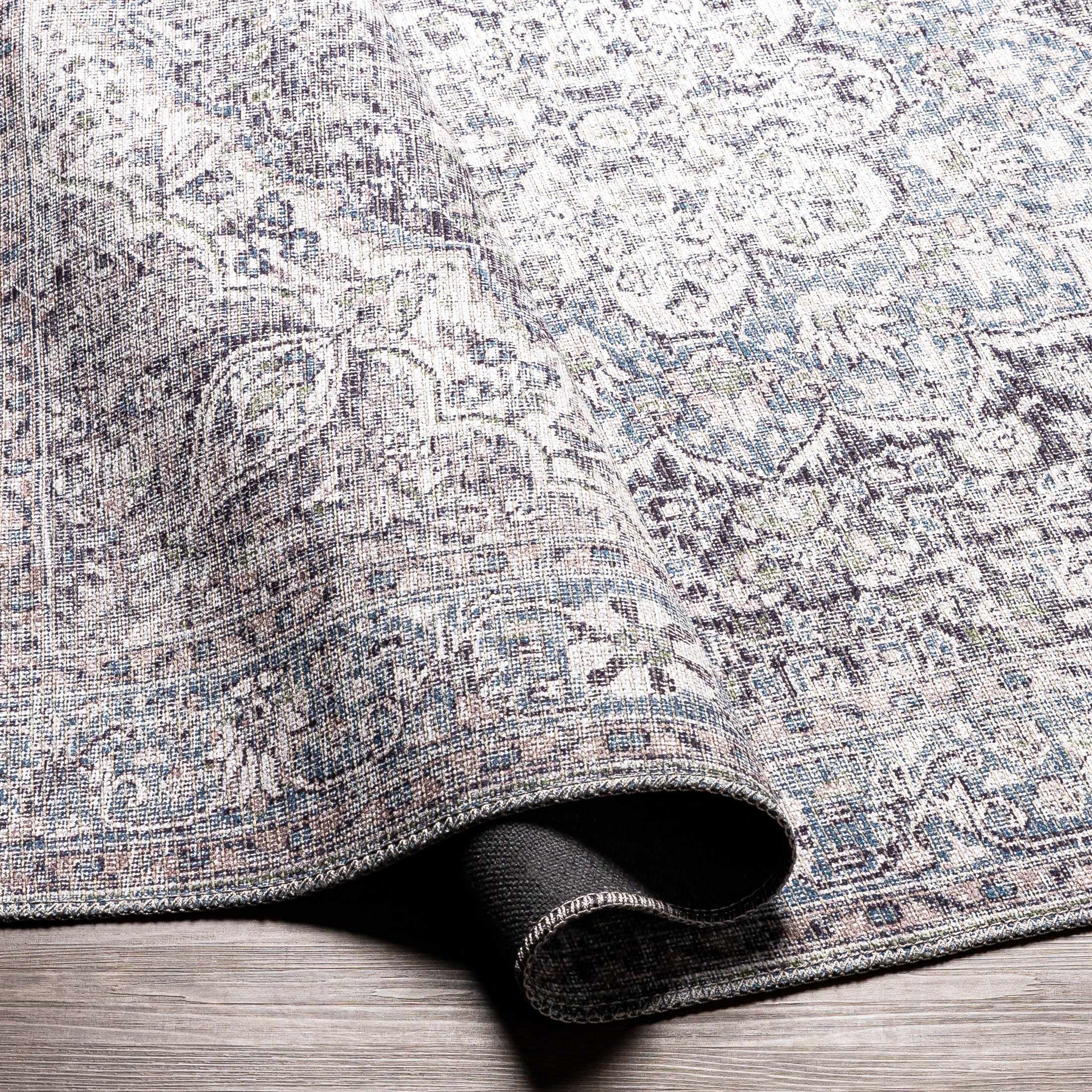 Hauteloom Tavas Machine Washable Area Rug - Oriental Traditional Medallion - Bohemian Vintage Distressed Carpet - Grey, Blue - 9'3" x 12'