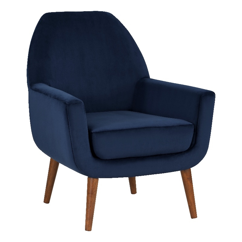 Accera MidCentury Navy Blue Velvet Arm Chair with Solid Wood Brown Legs