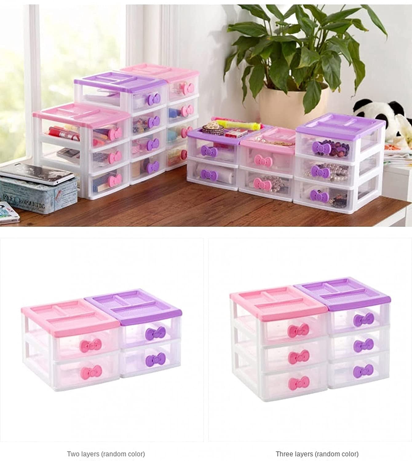 ABCISI Kawaii Desk Organizer, Kawaii Room Accessories Room Decor with Pink Bowknot , Lovely Girls Receiving Storage Cabinets Box, Room Desktop Makeup Organizer With Three-tier Desk (3 Layers)