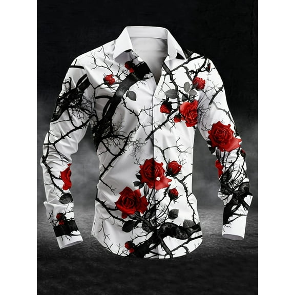 Men's Slim fit Long Sleeve Shirt Graphic Floral Printed Beach Hawaiian Button-Down Dress Shirt Black XL