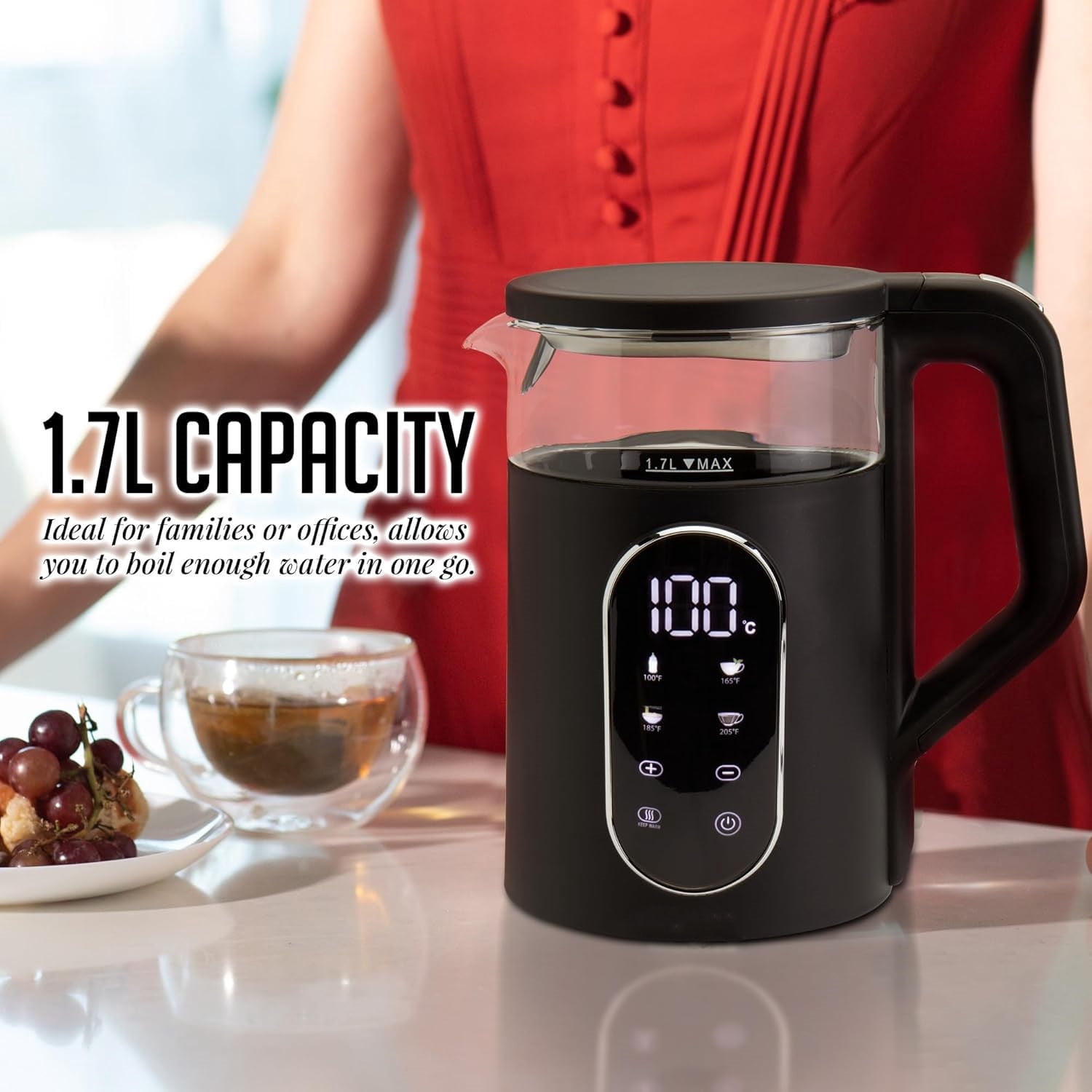 Electric Kettle 1500W Fast Boiling Water Heater with 1.7L Double Wall Insulated Borosilicate Glass Interior, Digital Touchscreen, Keep Warm, Auto-Shut Off and Boil-Dry Protection
