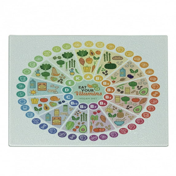 Vegan Cutting Board, Vitamin Vegan Food Sources and Functions Rainbow Wheel Chart with Healthcare, Decorative Tempered Glass Cutting and Serving Board, in 3 Sizes, by Ambesonne