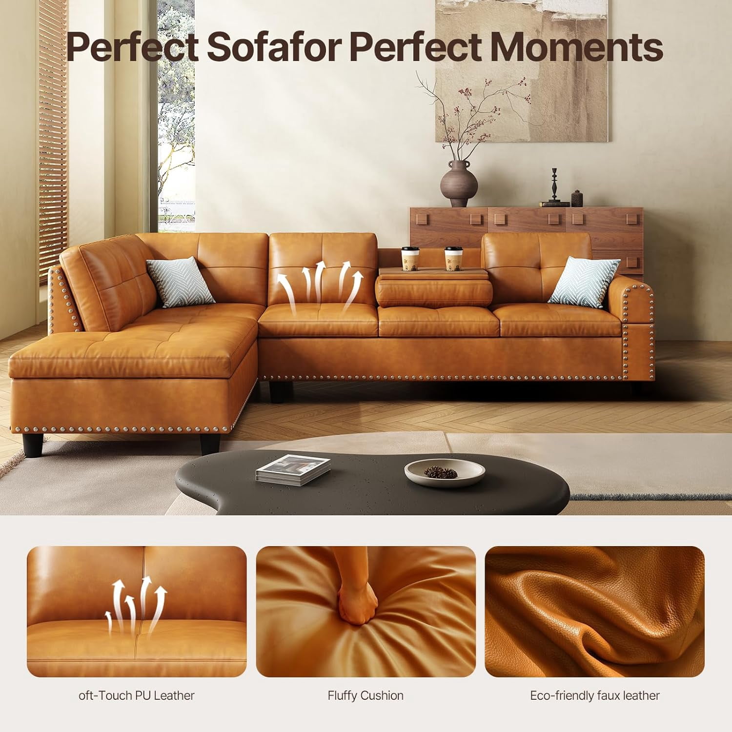 AENKYO 98" L-Shaped Upholstered Sectional Sofa Couch with Storage & Cup Holders, Faux Leather Living Room Sofa Set, Ginger