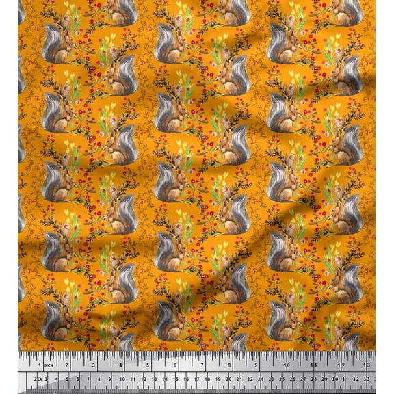 Soimoi Velvet Fabric Leaves,Floral & Squirrel Animal Printed Fabric 1 Yard 58 Inch Wide