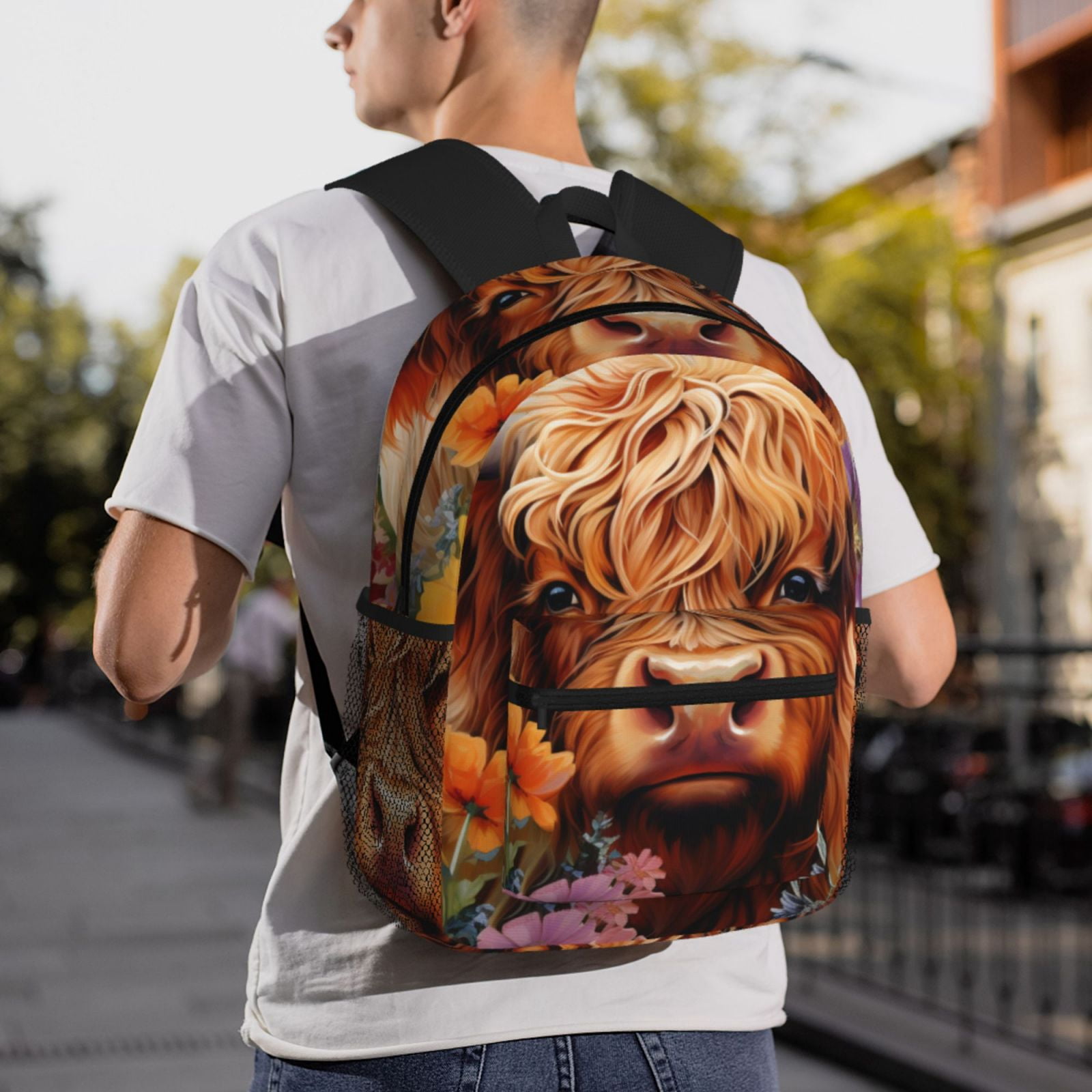 Horeoi Countryside Colorful Floral Cow Print Casual Backpack for School Work Travel Hiking with Laptop Compartment and Side Pockets Lightweight Design