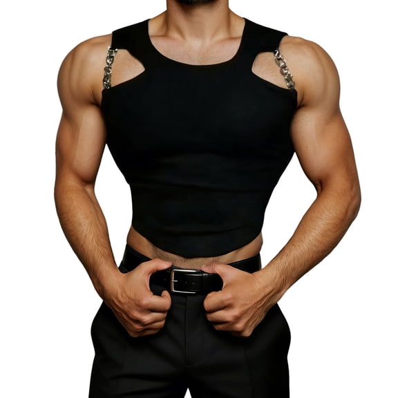 Telankuip Casual Workout Black Tank Tops for Men Stretch Sleeveless Muscle T Shirt with Chain Design Breathable Ribbing Summer Gym Vest 0-Black XL