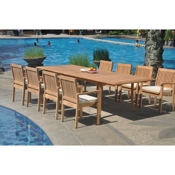 Grade-A Teak Dining Set: 8 Seater 9 Pc: 118" Double Extension Rectangle Table And 8 Leveb Stacking Arm Chairs Outdoor Patio WholesaleTeak #WMDSWVm