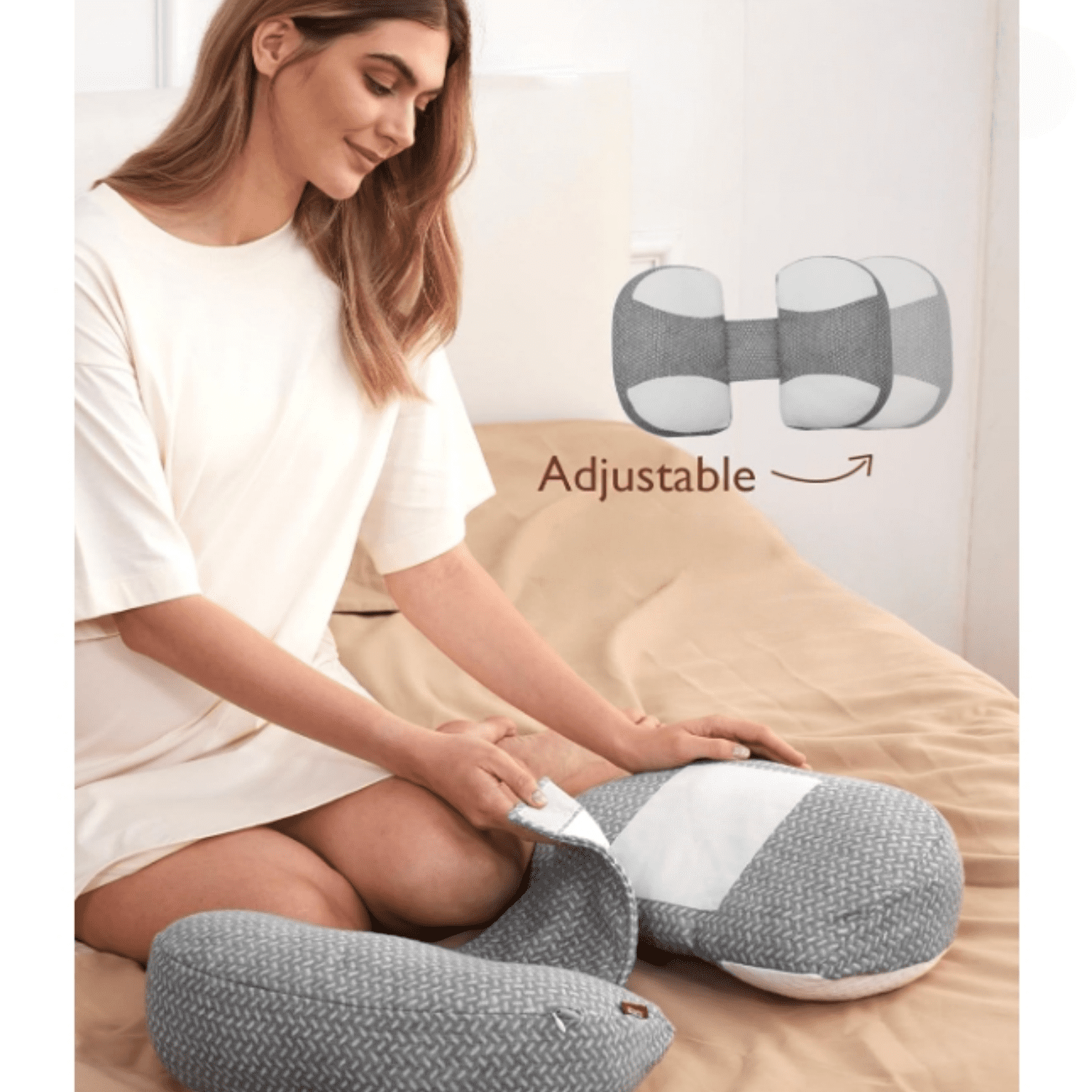 Plus W Shaped Pregnancy Pillow for Sleeping, Adjustable Maternity Pillow for Side Sleepers, Portable Wedge Belly Support, Compact Design for Back Belly and HIPS, Grey and White