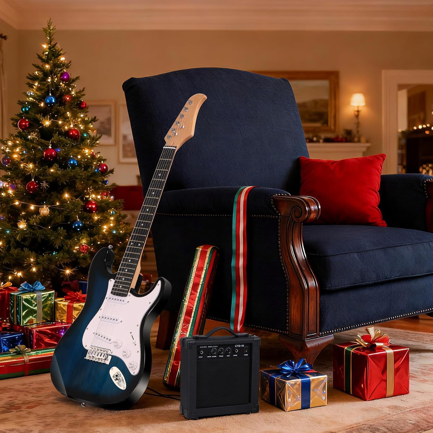39" Electric Guitar Beginner Kit Full Size Blue Guitar with 10W Amp, Case and Accessories Pack for Starter (Blue)