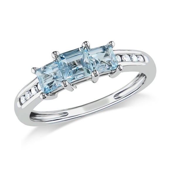 Three Stone Aquamarine 9/10 Carat (ctw) Ring with Diamonds in 10K White Gold