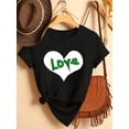 thumbnail image 2 of Camiseta deportiva informal de manga corta con cuello redondo y estampado de dibujos animados de diamantes con corazón blanco y letras verdes "Love" para San Valentín, cómoda y deportiva., 2 of 5