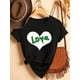 thumbnail image 2 of Camiseta deportiva informal de manga corta con cuello redondo y estampado de dibujos animados de diamantes con corazón blanco y letras verdes "Love" para San Valentín para mujer, cómoda y elegante., 2 of 5