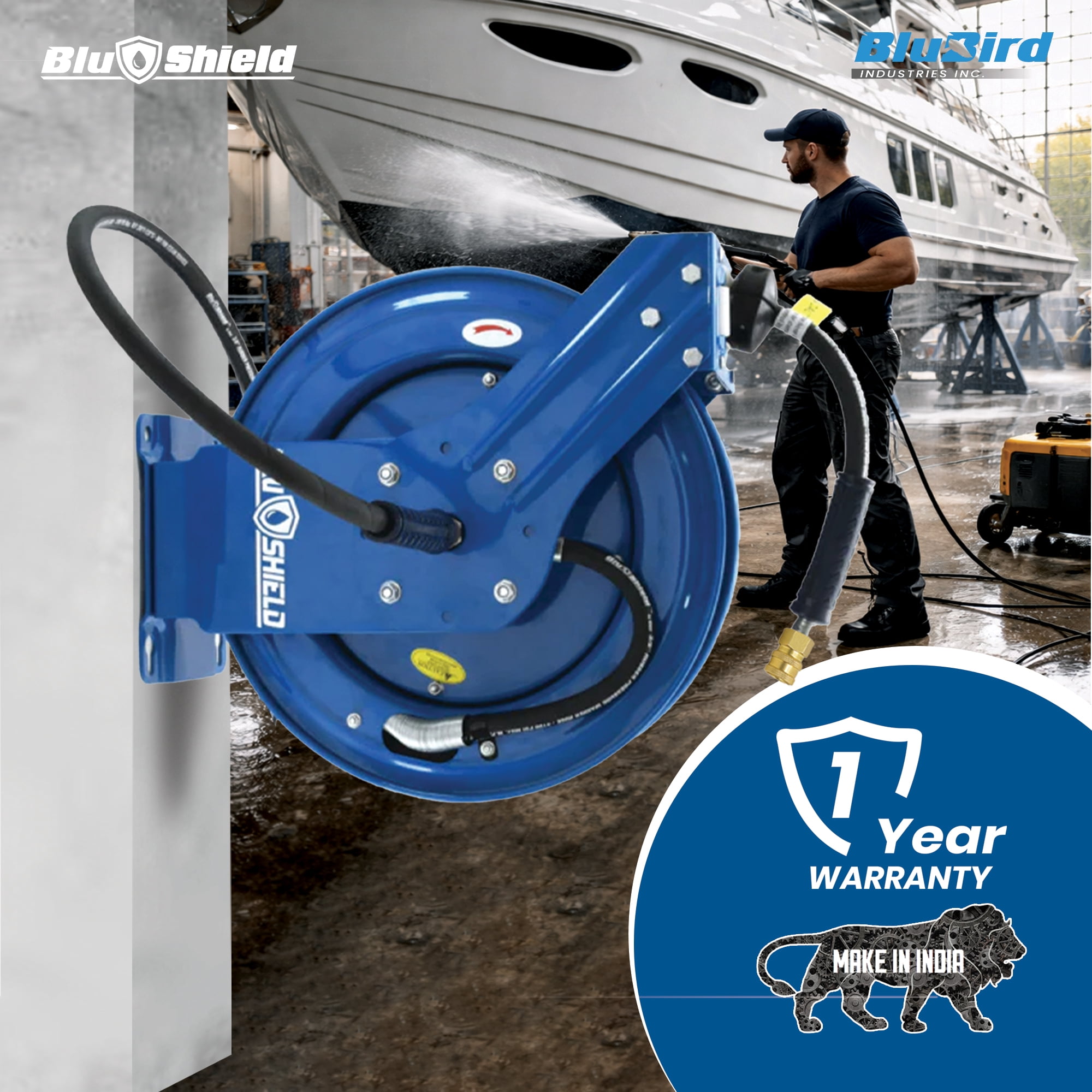 BluShield Pressure Washer Hose Reel with Aramid Braided Hose, 4100 PSi 6' Lead-in Hose, NPT, Lighter, Stronger, Flexible, 1-Year Warranty (3/8" x 50' w/Coupler Plug)