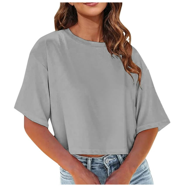 WEIYLL T-Shirts Femmes Col Rond Court Uni Manches Courtes Ample Épaule Courte Gris Tailles m