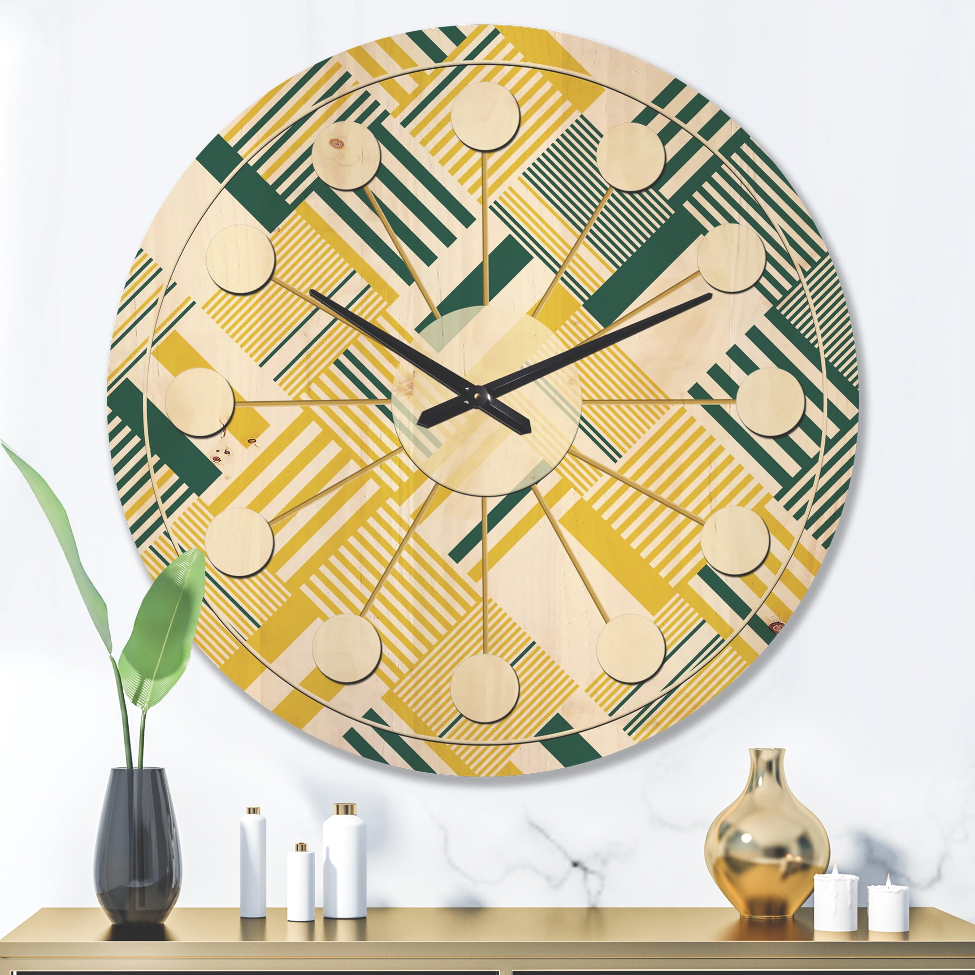 Designart 'Abstract Yellow and Green Diagonal Stripe Pattern' Mid-Century Modern Wood Wall Clock