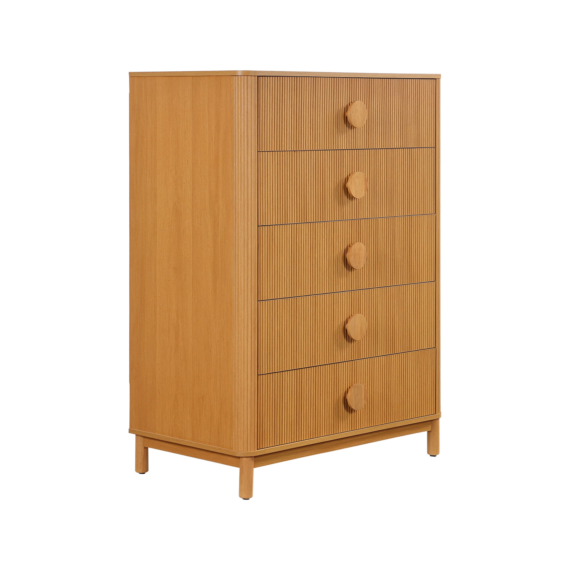 Beautiful Fluted 5 Drawer Dresser, 48" Tall, Warm Honey Finish