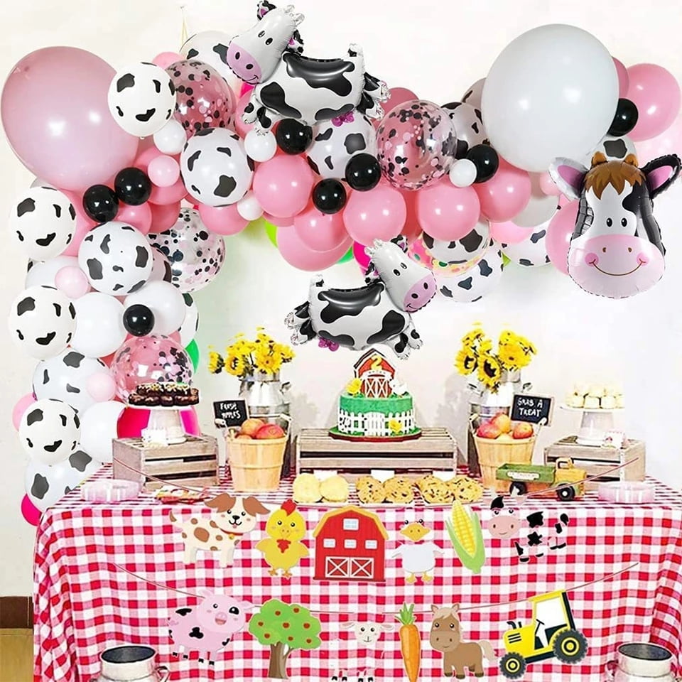AOWEE Cow Party Decorations, Farm Animal Cow Balloon Baby Pink White Balloon Garland Kit with Cow Print Balloons Cow Head and Walking Cow Foil Balloons Decoration for Baby Shower