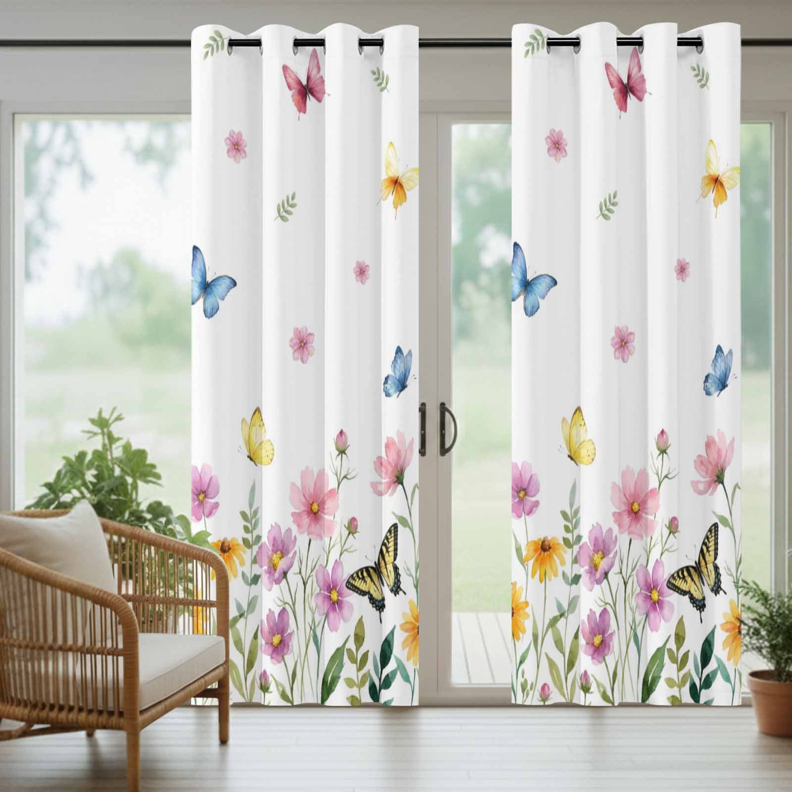 Summer Flower Outdoor Curtains for Patio, Rustic Pink Floral Color Butterfly Farmhouse Country Sunshade Privacy Drapes Grommet Waterproof Outside Curtains for Porch/Cabana/Balcony 54"x 95", 1 Panel