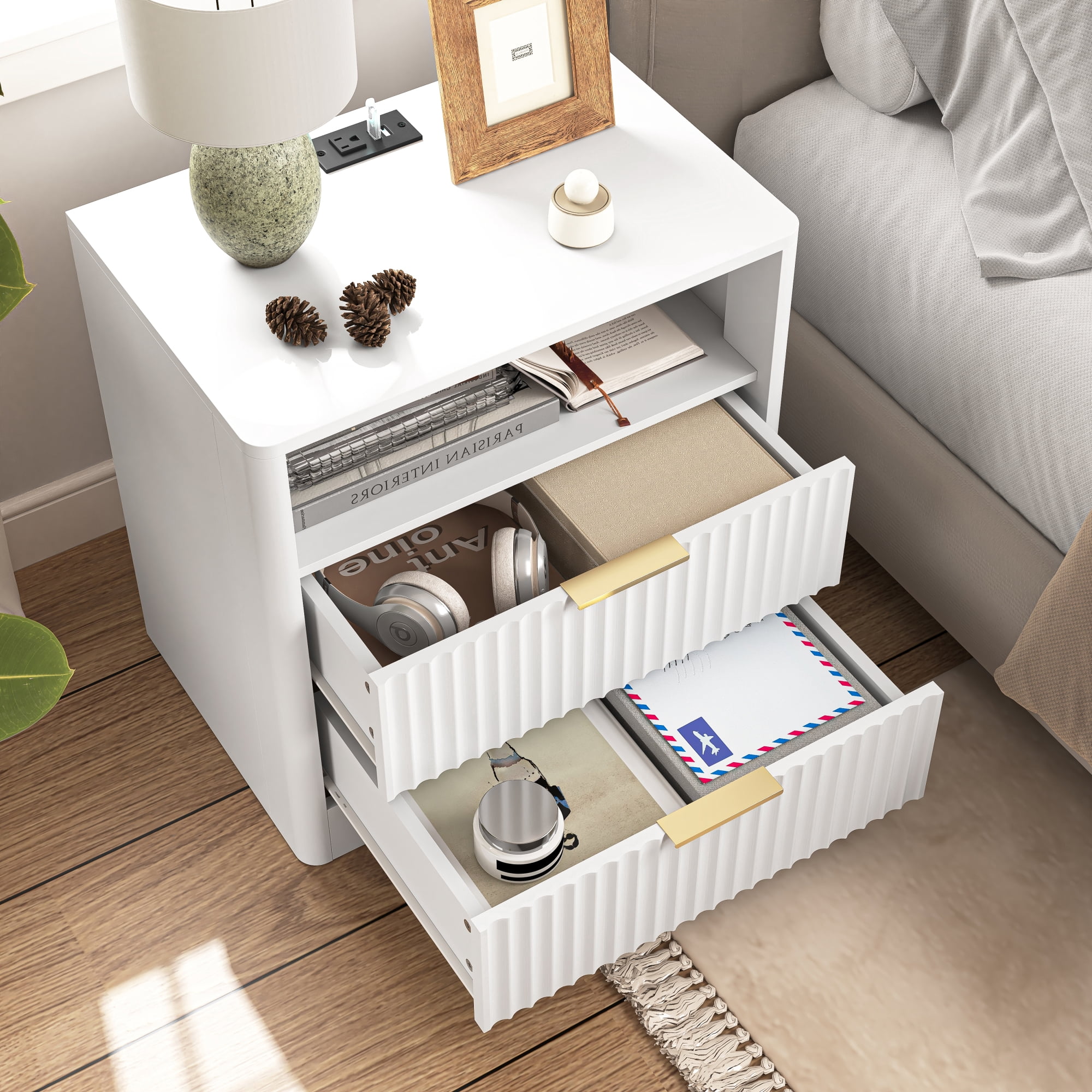 Nightstand with 2 Drawers,Smart Nightstand Bedside Tables with Night Light,Modern End Table for Bedroom,Living Room,White
