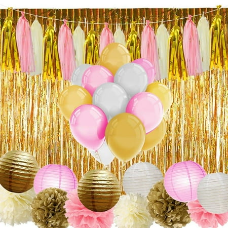 Paxcoo Pink and Gold Party Supplies with Balloons Tissue Flowers Paper Lanterns Tassel Garland Fringe Curtain for Baby Shower Girl Birthday Decorations NEW