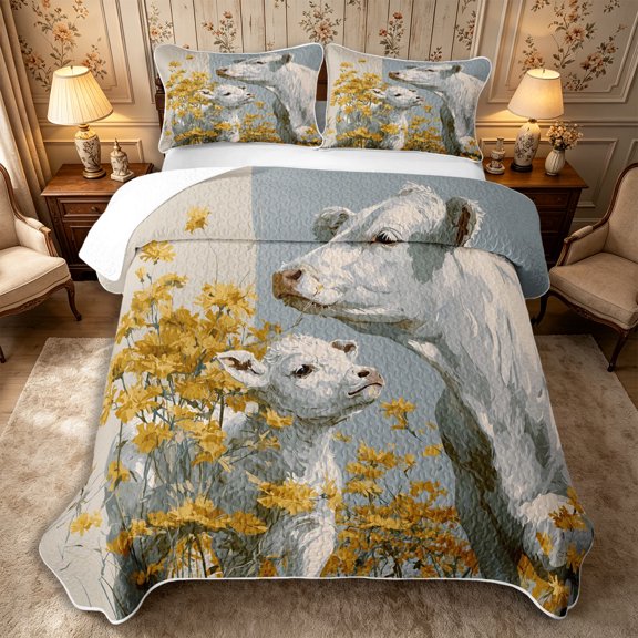 Manfei Rustic Floral Cows Twin Quilt Set 2 Pieces,Vintage Flowers Animal Twin Coverlet Set,Blue White Yellow,1 Bedspread and 1 Pillowcase