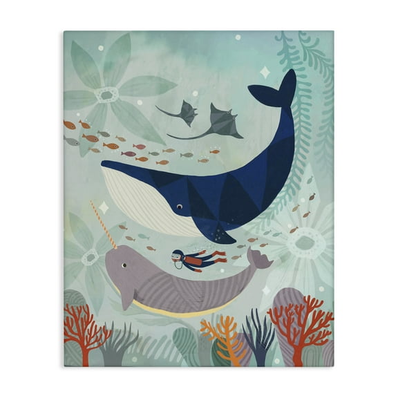 Stupell Industries Scuba Diver Among Whales Nautical & Beach Painting Wrapped Canvas Art Print Wall Art, 16 x 20