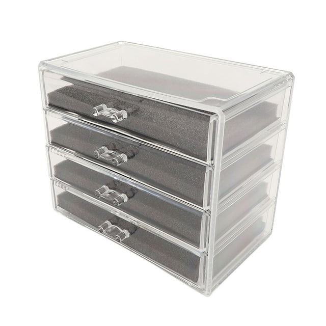 Organizador de joyas acrílico de cuatro capas, organizador de joyas de maquillaje acrílico transparente a prueba de polvo para tocador y escritorio