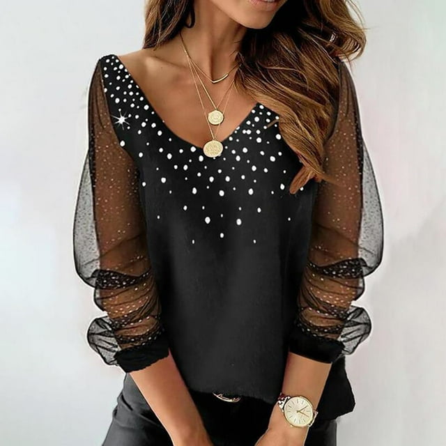 Babysbule Hauts en Liquidation pour Femmes Blouse à Manches Longues en Maille Imprimée Col en V Tunique Chandail Chemise