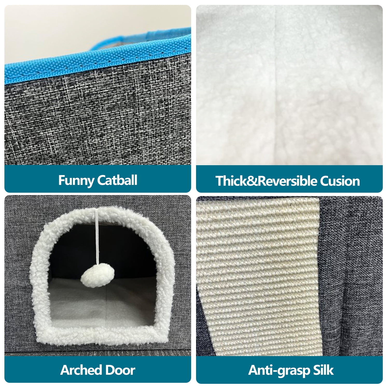 Behome Cat Bed, Cat Cave with Fluffy Ball and Scratch Pad, Foldable Cat Condo Hideaway with Reversible Cushion for Multi Small Pet, Dark Grey