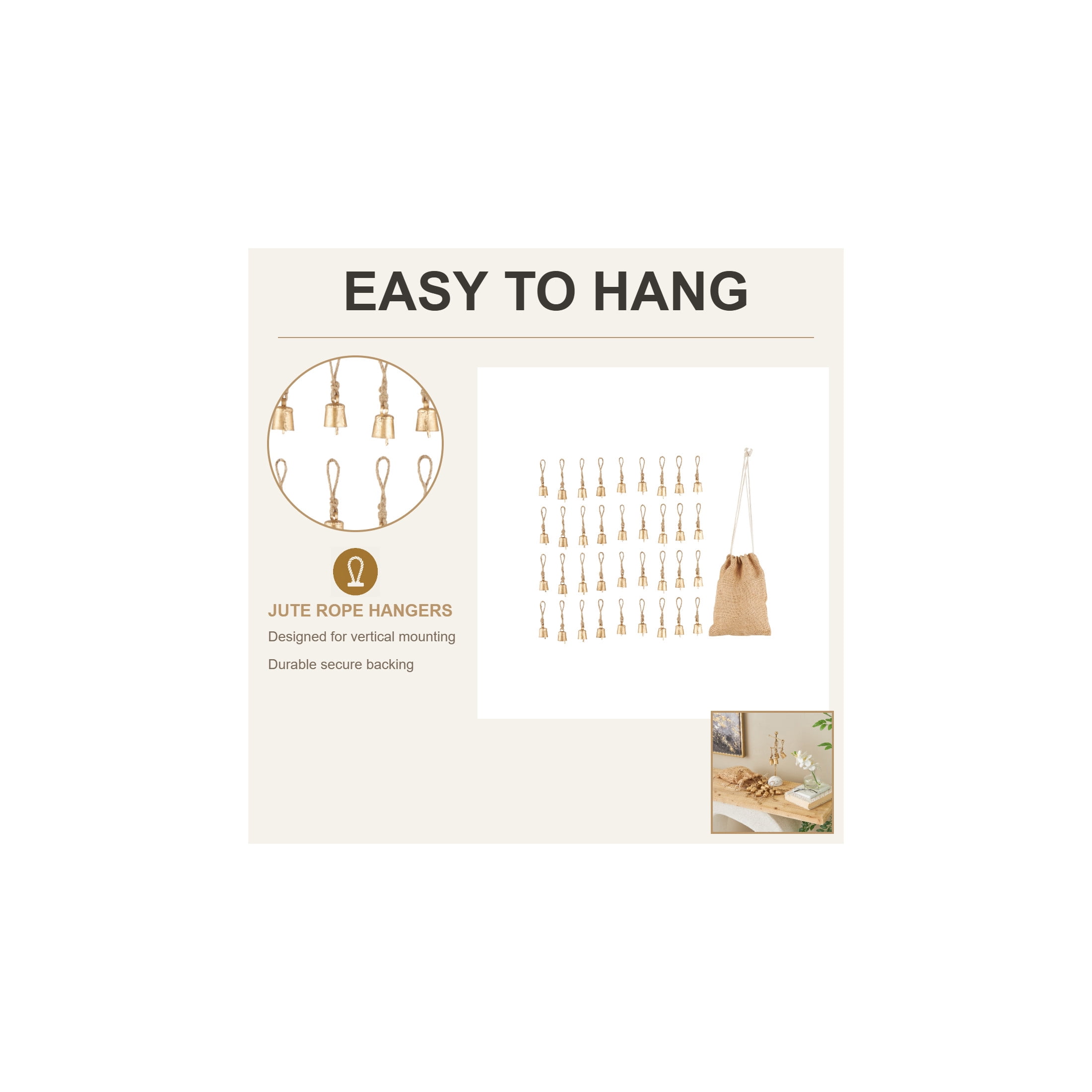 DecMode Tibetan Inspired Gold Metal Round Decorative Bells with Jute Rope and Canvas Tote, 36 Count