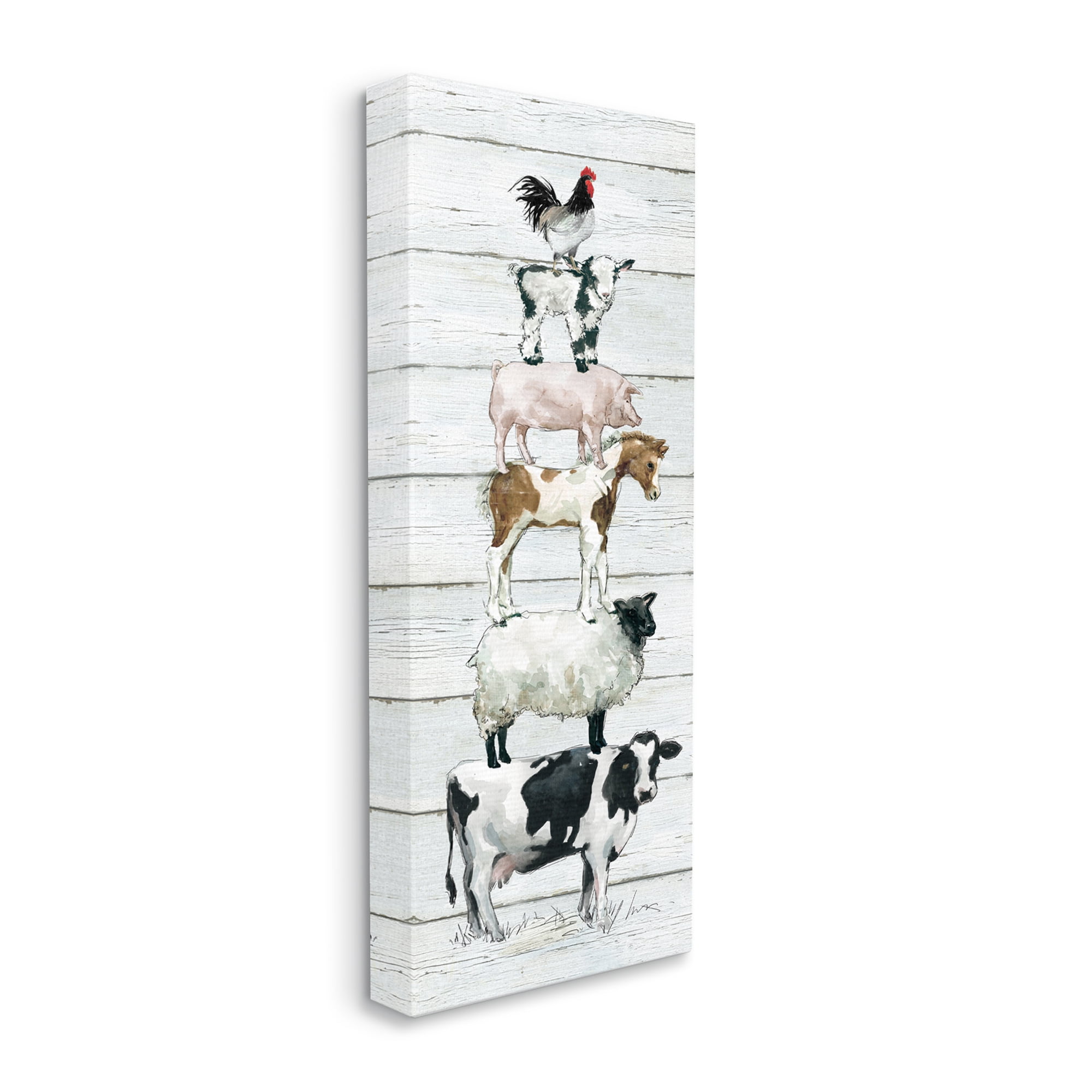 Stupell Industries Balancing Farm Animals Rustic White Plank Pattern Graphic Art Gallery Wrapped Canvas Print Wall Art, Design by Carol Robinson