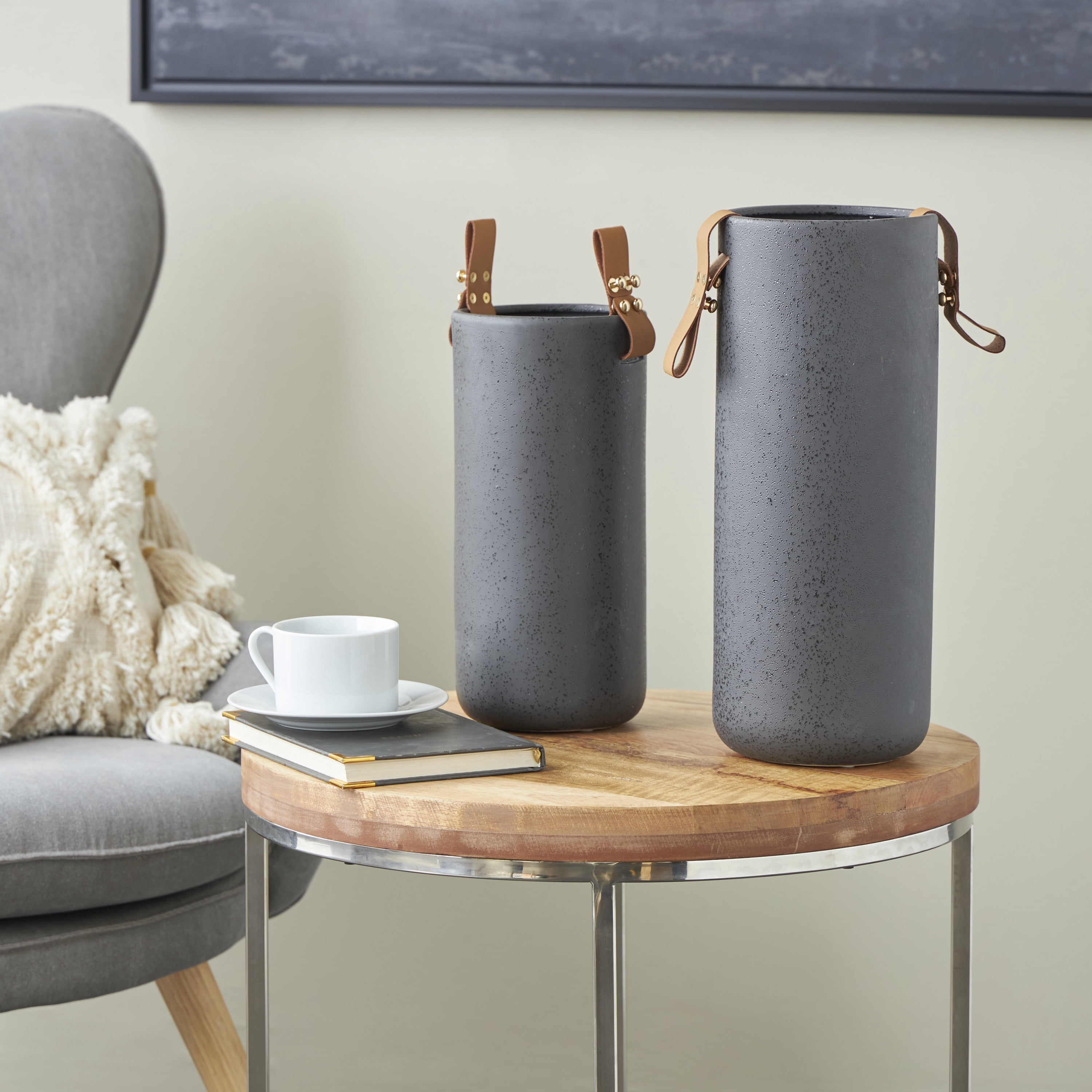DecMode 15", 12"H Black Ceramic Vase with Leather Handles, Set of 2