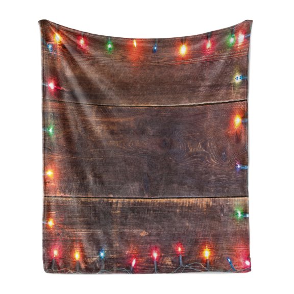 New Year Soft Flannel Fleece Throw Blanket, Christmas Ornaments on Worn out Wooden Board Rustic Themes Merry Xmas, Cozy Plush for Indoor and Outdoor Use, 60" x 80", Multicolor, by Ambesonne