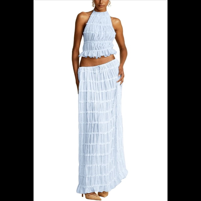Conjunto de Dos Piezas de Falda Larga para Mujer, con Cuello Halter, Espalda Descubierta y Falda Larga para Salir de Verano. Azul XXL